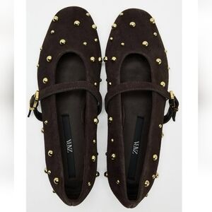 Zara Studded Suede Mary Jane Flats-Chocolate